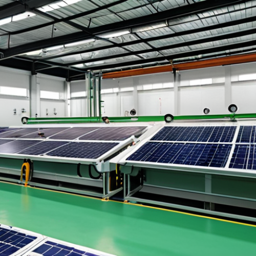Home 15 **A Smart Factory Powered by AI:** A modern factory in Shah Alam, Malaysia, showcasing a smart energy management system. Visualize advanced machinery, sensors, and a digital interface displaying real-time energy optimization data. Emphasize green energy sources like solar panels integrated into the factory's design. The scene should convey efficiency, sustainability, and technological advancement.
