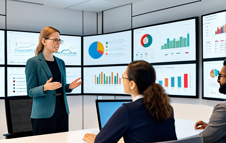 A diverse group of professional data scientists, fully clothed in modest business attire, gathered around a large interactive screen displaying complex data visualizations and ethical AI metrics. They are engaged in collaborative discussion in a bright, modern technology office. safe for work, appropriate content, fully clothed, professional, perfect anatomy, correct proportions, natural pose, well-formed hands, proper finger count, natural body proportions, high-quality photograph, realistic.