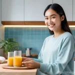 Home 8 AI와 인간의 관계 재정립 - **Prompt:** A vibrant and modern home kitchen, bathed in warm morning light. A young Malaysian woman...