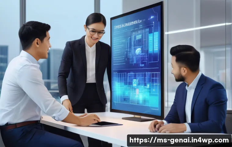 AI의 가치와 윤리적 갈등 - A modern Malaysian office scene featuring a diverse group of professionals collaborating with AI-pow...