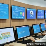 Home 18 AI와 사회적 복지 - A modern Malaysian social welfare office scene showing a diverse group of social workers using AI-po...