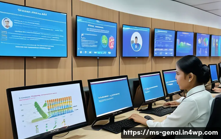 AI와 사회적 복지 - A modern Malaysian social welfare office scene showing a diverse group of social workers using AI-po...