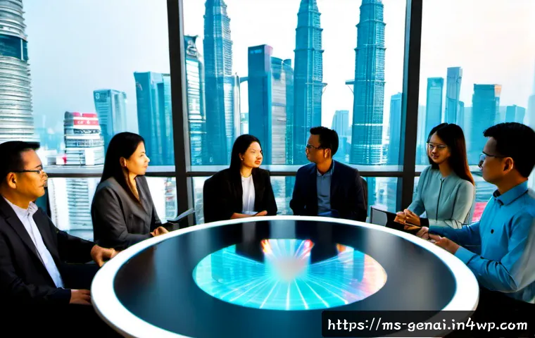AI 기술의 윤리적 고려사항 - Photorealistic scene of a diverse Malaysian AI ethics committee meeting in a modern Kuala Lumpur off...